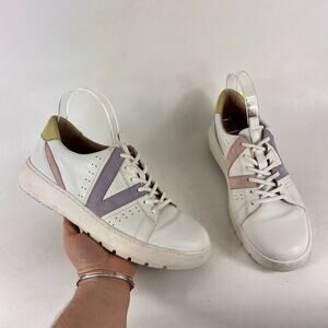 Vionic Simasa women's size 9 white leather pink purple minimalist sneakers shoes